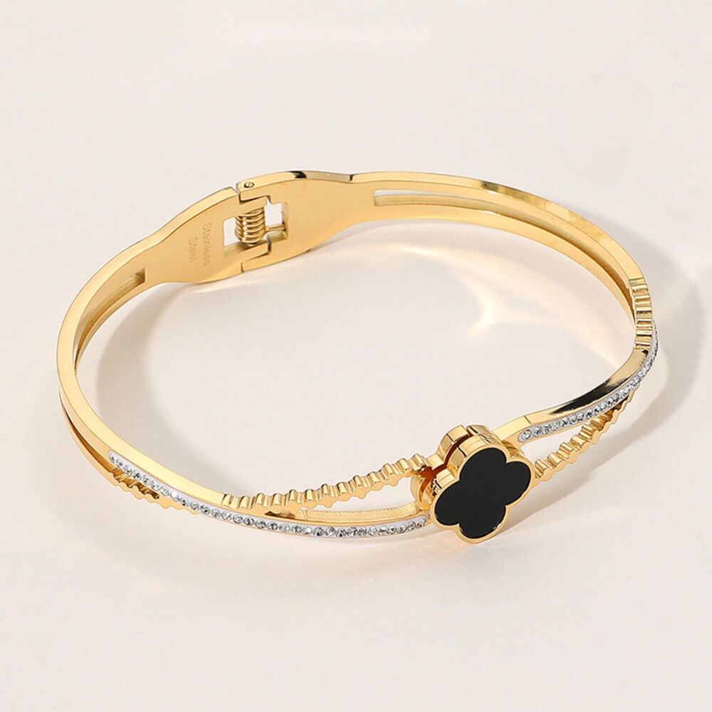 Gold Black Quatrefoil Clover Bracelet Bangle Hinged Rhinestone Crystal